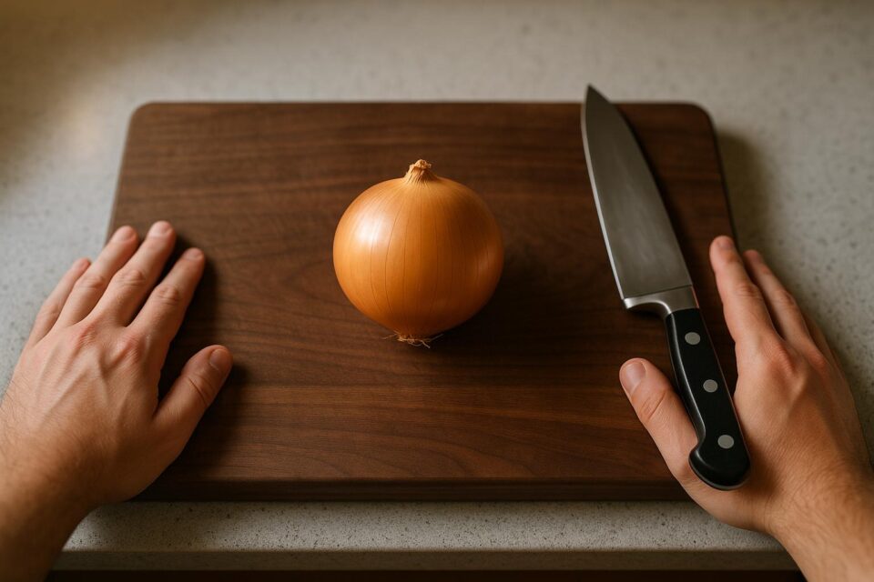 How to dice an onion setup on wooden board