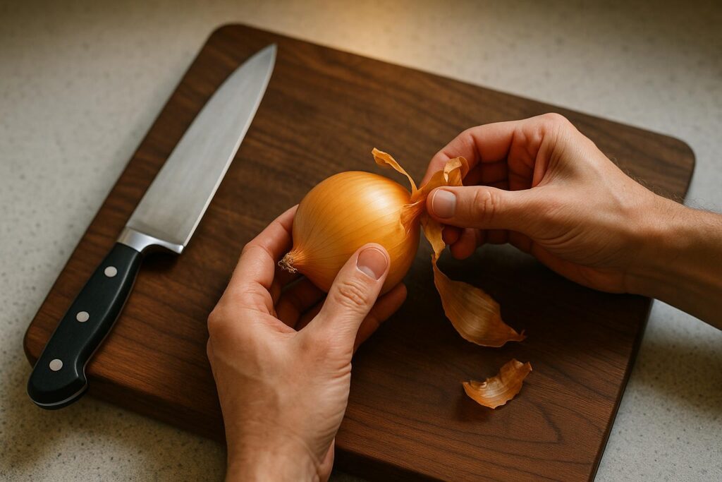Step 2 trim stem end and peel onion