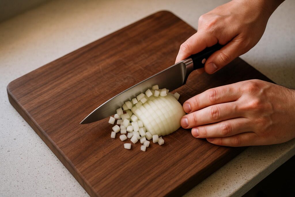 Step 4 crosscut to create even onion dice