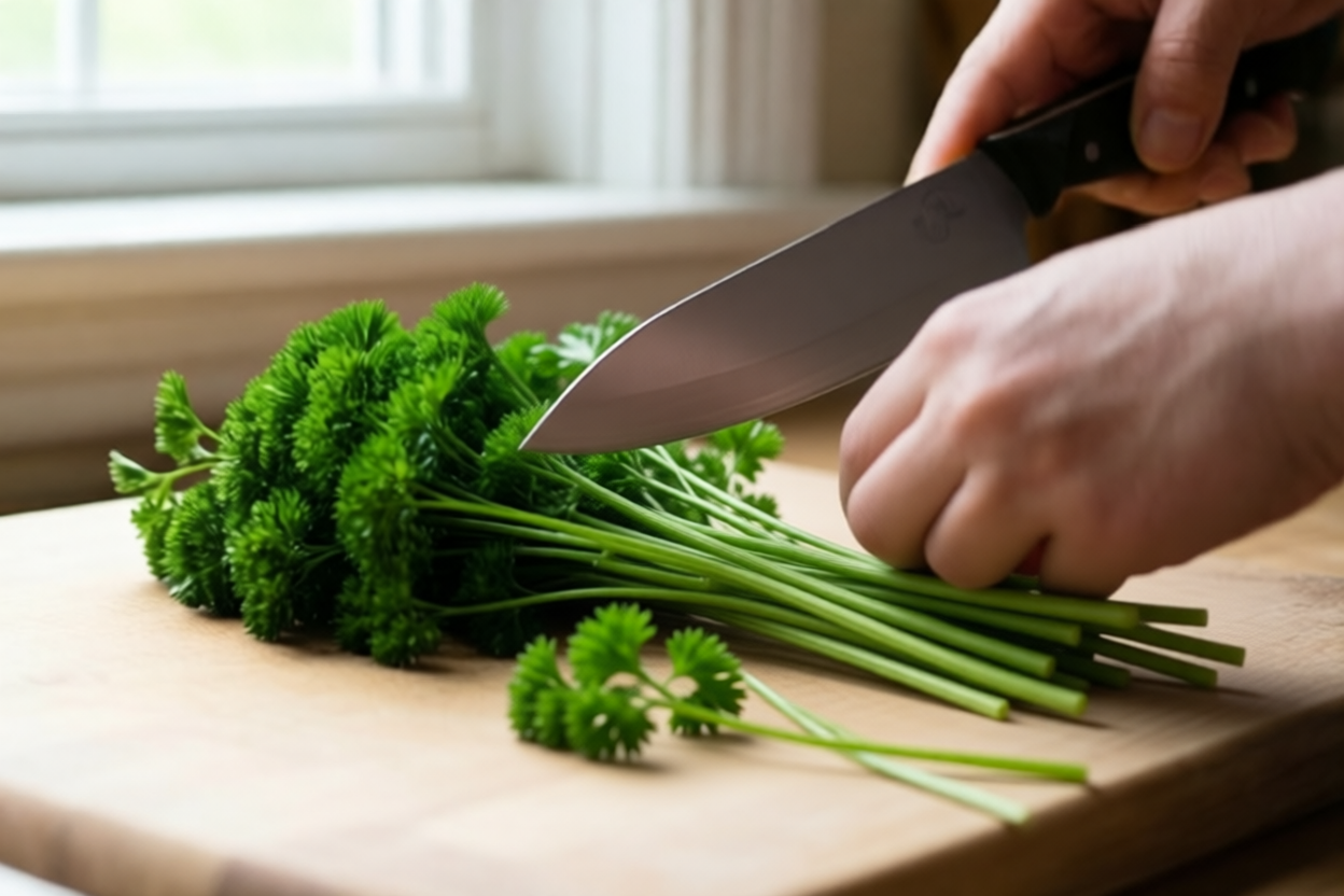Step 6: Transfer without dragging the sharp edge visual for How to Chop Parsley for Garnish Without Bruising It