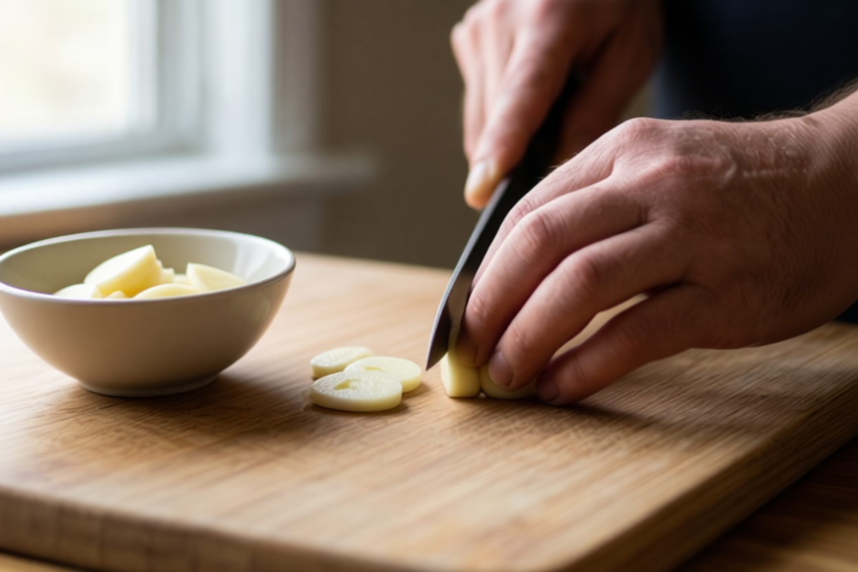 Step 6: Move the slices before cooking visual for How to Slice Garlic for Pasta Without Burning It
