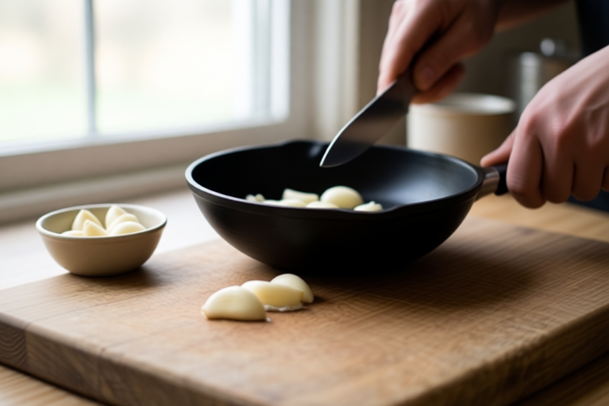 Step 6: Move the garlic before heating the pan visual for How to Cut Garlic for Stir-Fry Without Bitter Pieces
