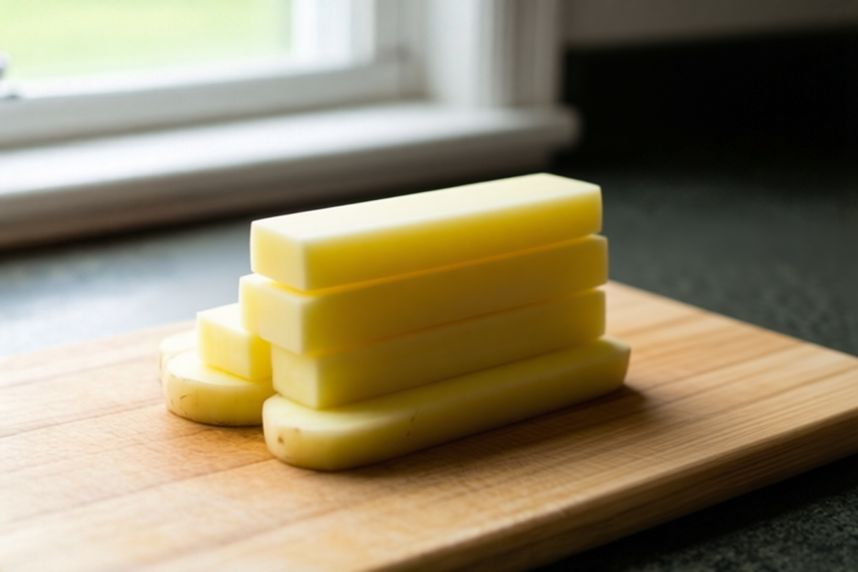 Step 3: Stack a few slabs safely visual for How to Cut Potatoes for Hash Without Uneven Pieces