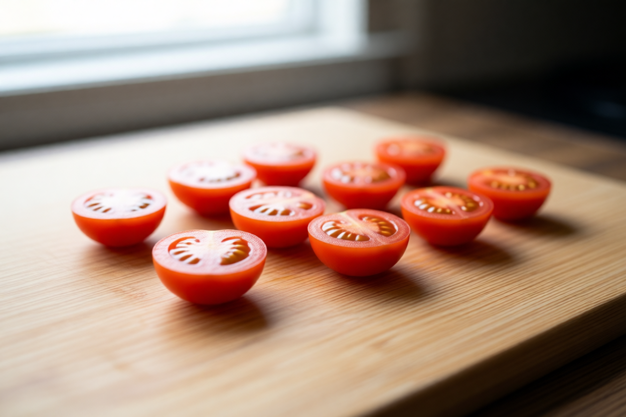 Step 4: Place each half cut-side down visual for How to Cut Cherry Tomatoes Safely and Evenly