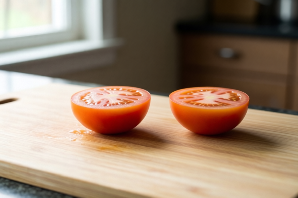 Step 4: Place each half cut-side down visual for How to Cut Tomatoes for Salad Without Making Them Watery