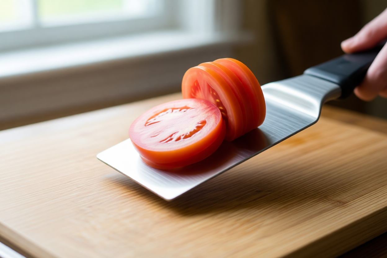 Step 6: Move the slices without squeezing visual for How to Cut Tomatoes for Salad Without Making Them Watery