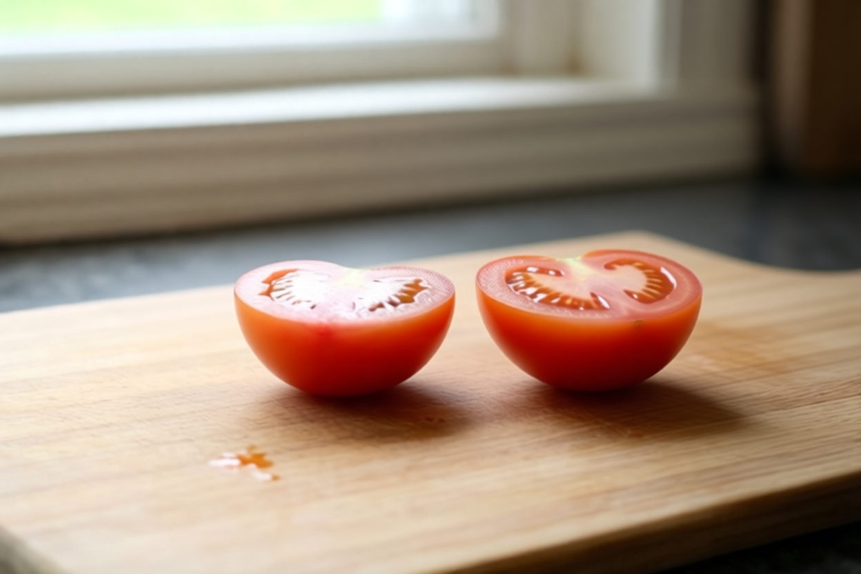 Step 4: Place each half cut-side down visual for How to Cut Tomatoes Without Losing the Juice