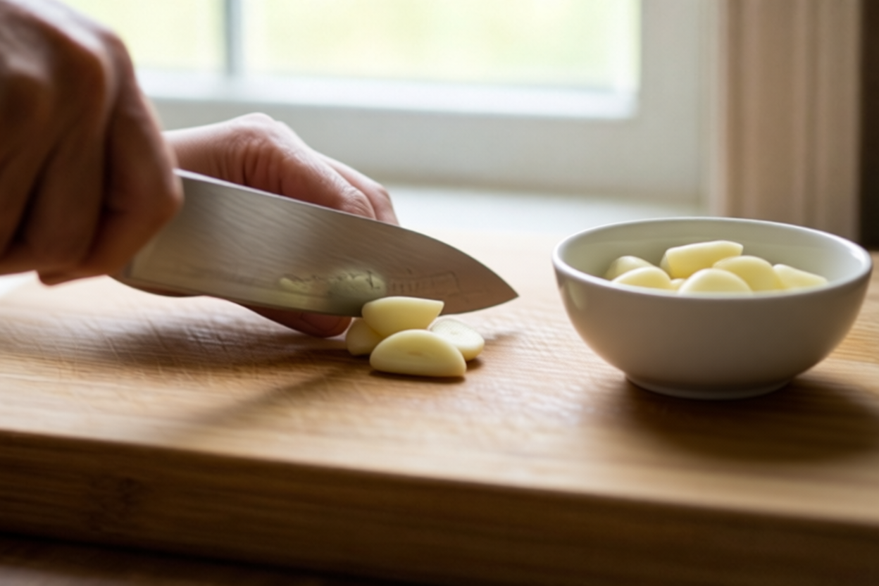 Step 7: Transfer cleanly visual for How to Slice Garlic Thinly Without Burning It