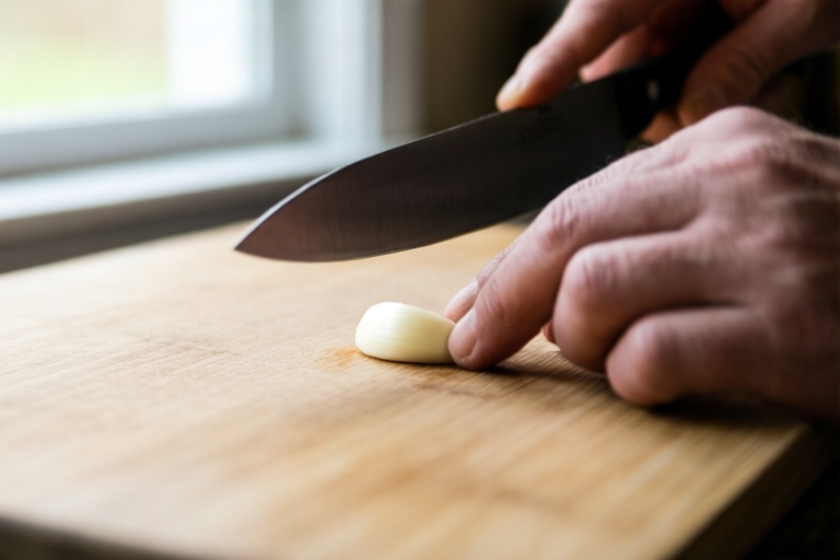 Step 3: Place one clove flat on the board visual for Garlic Cloves, Garlic Paste, and Garlic Powder Explained