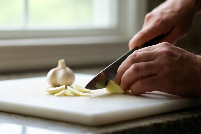 Step 4: Slice the clove into even thin pieces visual for Garlic Cloves, Garlic Paste, and Garlic Powder Explained