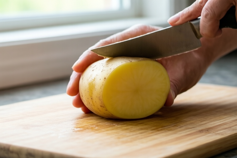 Step 1: Scrub, dry, and square the potato visual for How to Cut Tomatoes and Potatoes on One Board Without Cross-Mixing