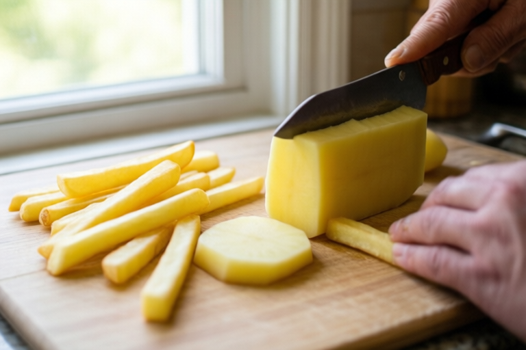 Step 4: Cut the slabs into sticks visual for How to Cut Tomatoes and Potatoes on One Board Without Cross-Mixing
