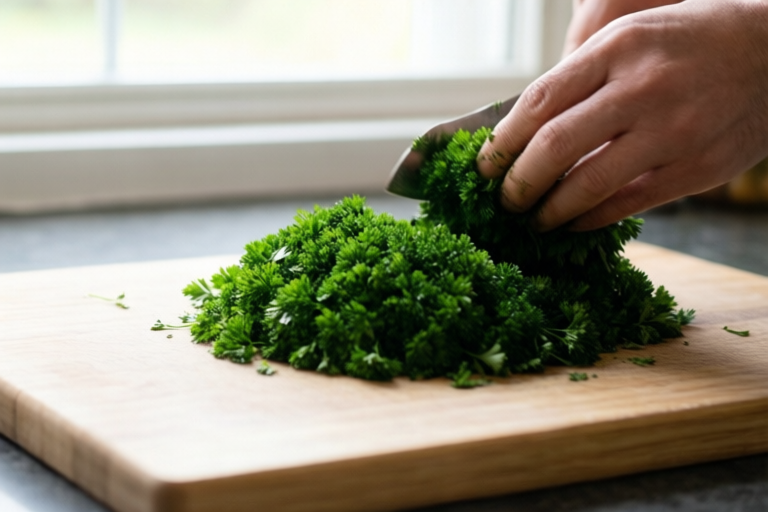 Step 2: Gather the leaves into a loose pile visual for How to Move Chopped Parsley Without Smearing It