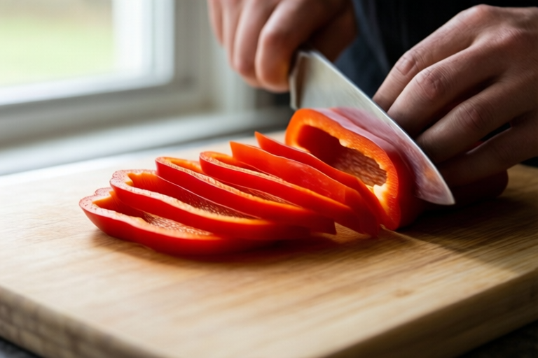Step 5: Cut even strips for fast cooking visual for How to Slice Bell Peppers for Fajitas Without Uneven Strips