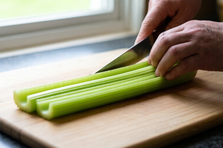 Step 3: Slice the stalks into long planks visual for How to Cut Celery for Soup So Every Piece Cooks Evenly