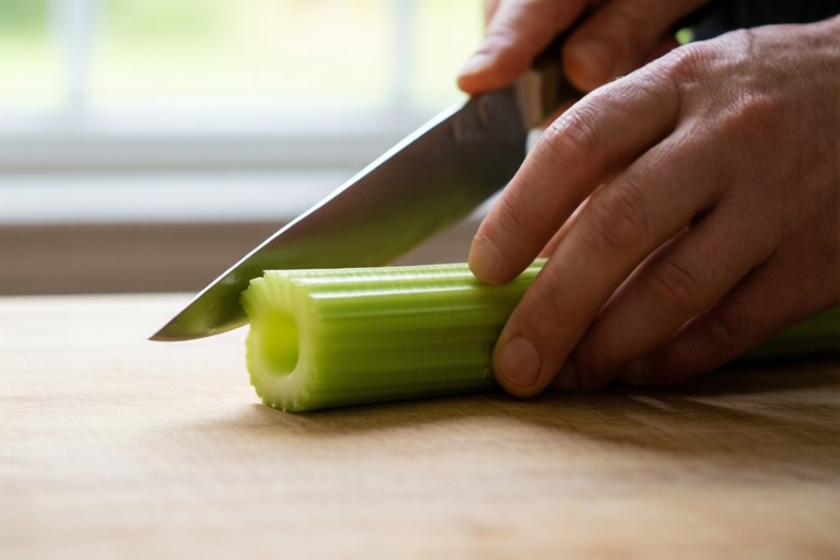 Step 2: Create a flat stable base visual for How to Dice Celery for Tuna Salad Without Stringy Pieces