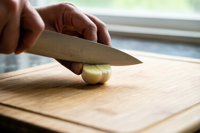 Step 3: Place one clove flat on the board visual for How to Cut Garlic for Stir-Fry Without Bitter Pieces