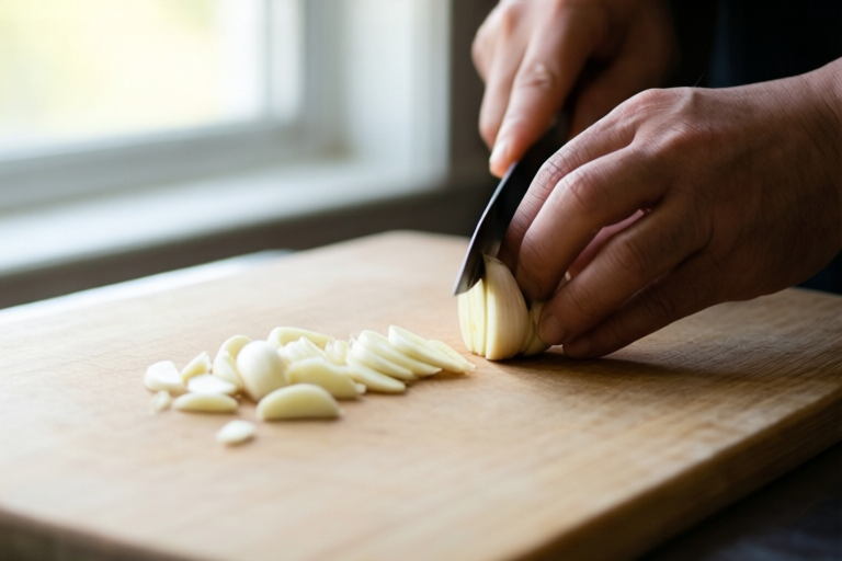 Step 4: Slice the clove into even thin pieces visual for How to Cut Garlic for Stir-Fry Without Bitter Pieces