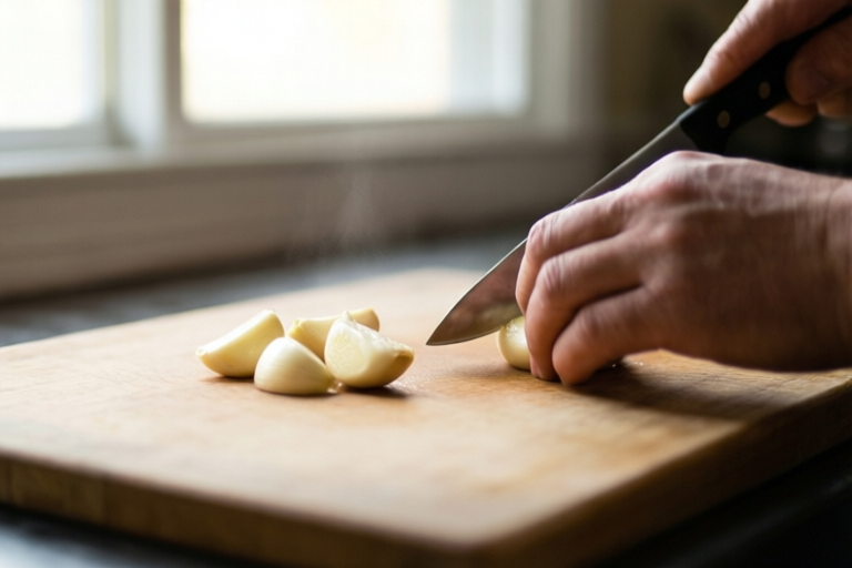 Step 4: Work in even increments visual for How to Cut Garlic for Stir-Fry Without Bitter Pieces