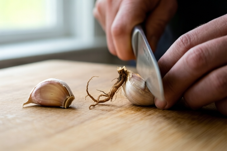 Step 2: Trim the dry root ends visual for How to Slice Garlic for Sauteing Without Burning It