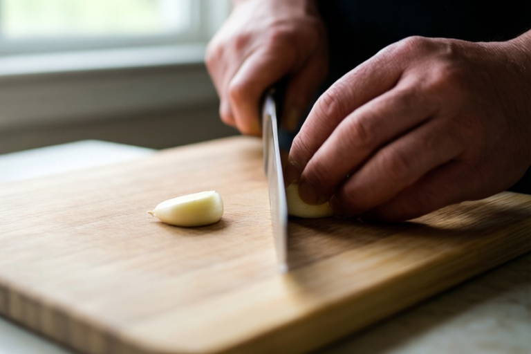 Step 3: Place one clove flat on the board visual for How to Slice Garlic for Sauteing Without Burning It