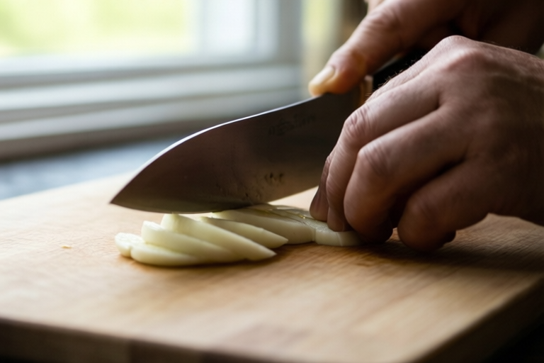 Step 4: Slice with light even strokes visual for How to Slice Garlic for Sauteing Without Burning It