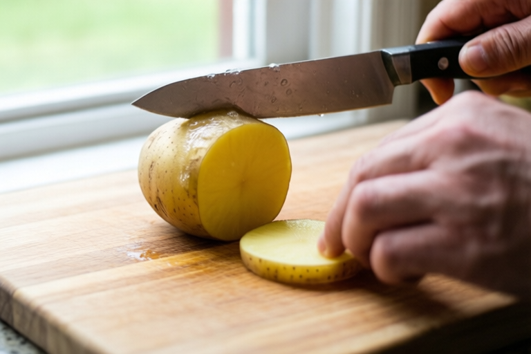 Step 1: Scrub, dry, and square the potato visual for How to Cut Potatoes for Home Fries Without Slipping
