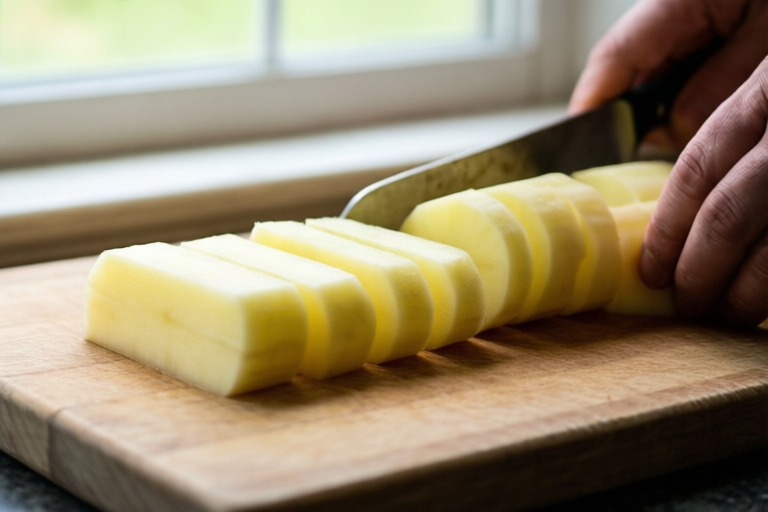 Step 2: Cut thick slabs visual for How to Cut Potatoes for Home Fries Without Slipping