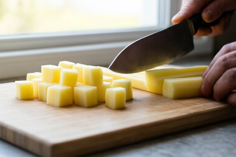 Step 5: Cross-cut the sticks into cubes visual for How to Cube Potatoes for Soup So They Cook Evenly