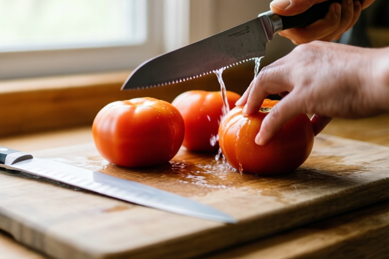 Step 1: Wash, dry, and choose the knife visual for How to Cut Tomatoes for Salad Without Making Them Watery