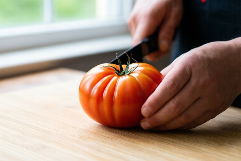 Step 2: Trim the stem end only if needed visual for How to Cut Tomatoes for Salad Without Making Them Watery