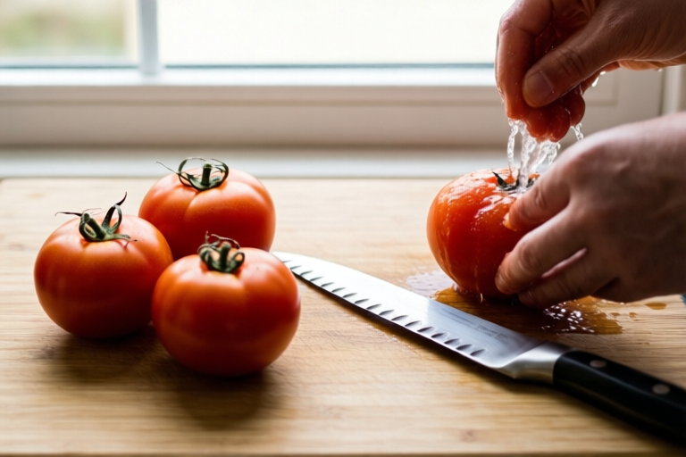 Step 1: Wash, dry, and choose the knife visual for How to Dice Tomatoes for Salsa Without Losing the Juice