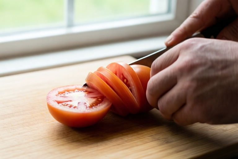 Step 5: Slice with short gentle strokes visual for How to Slice Tomatoes for Sandwiches Without Crushing Them
