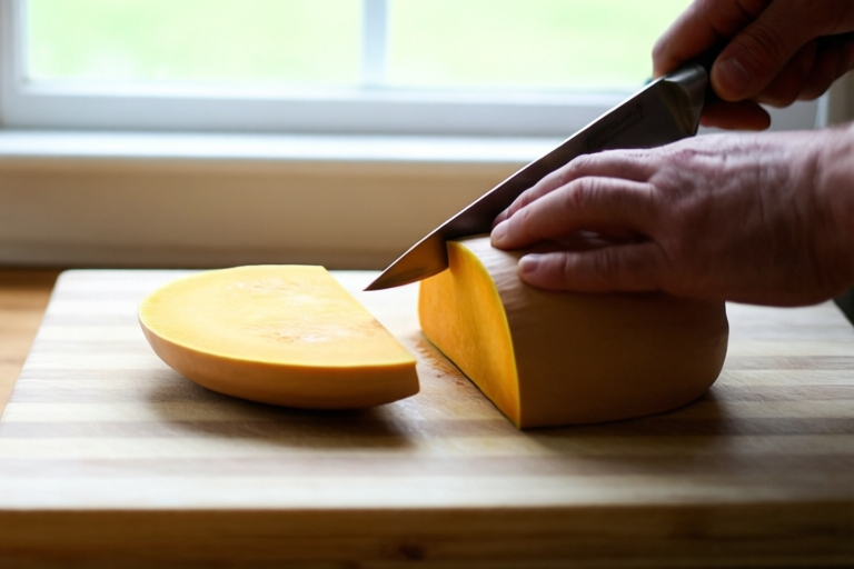 Step 1: Trim both ends of the squash visual for How to Peel and Cube Butternut Squash Safely