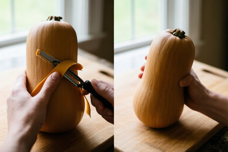 Step 2: Peel the squash in long strips visual for How to Peel and Cube Butternut Squash Safely