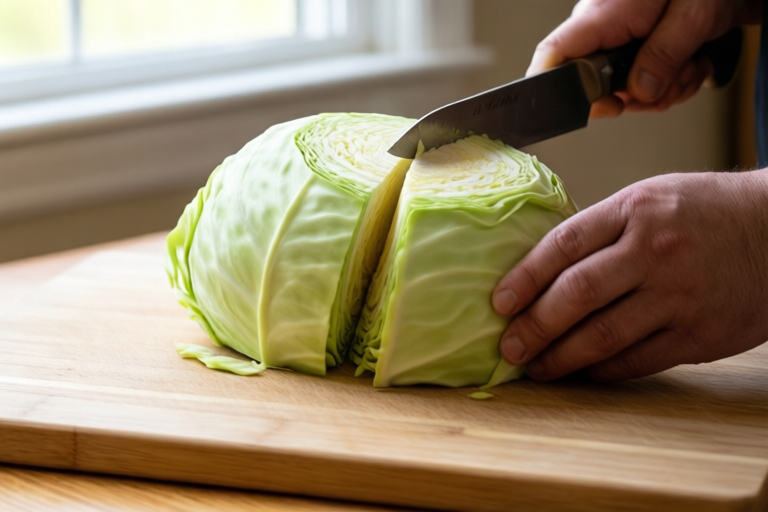 Step 2: Cut the cabbage through the core visual for How to Cut Cabbage for Slaw, Stir-Fry, and Soup