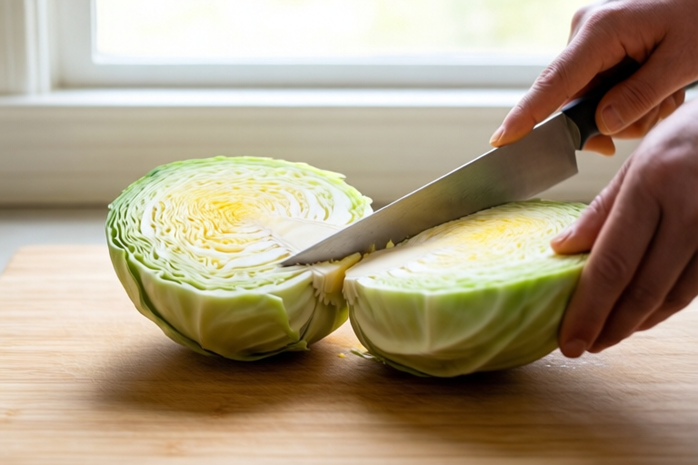 Step 4: Remove the tough core wedge visual for How to Cut Cabbage for Slaw, Stir-Fry, and Soup