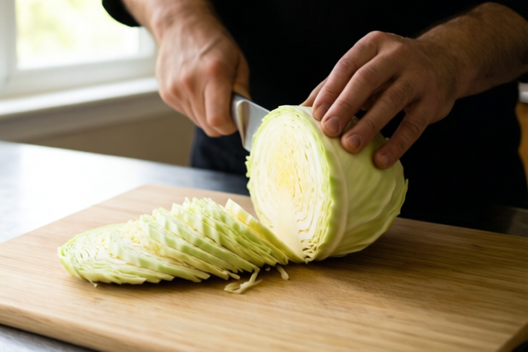 Step 5: Slice for the recipe visual for How to Cut Cabbage for Slaw, Stir-Fry, and Soup