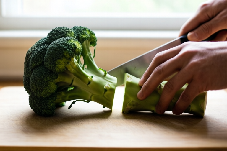 Step 2: Separate the crown from the stalk visual for How to Break Down Broccoli Into Even Florets