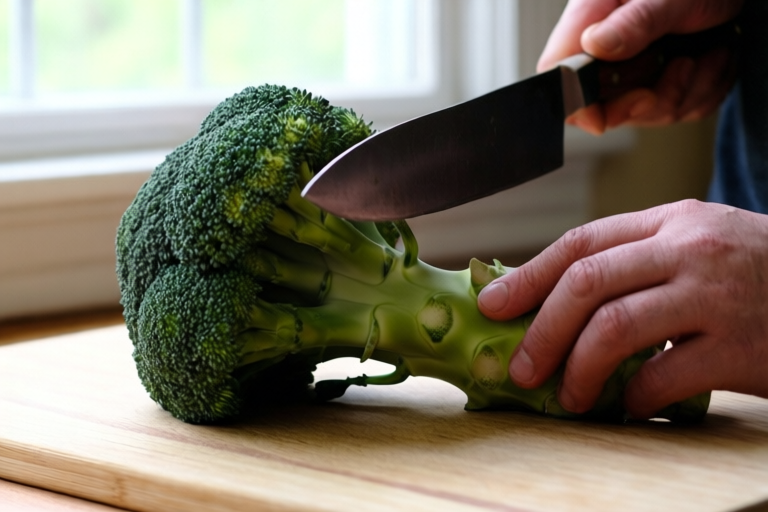 Step 3: Cut large branches from the stem side visual for How to Break Down Broccoli Into Even Florets