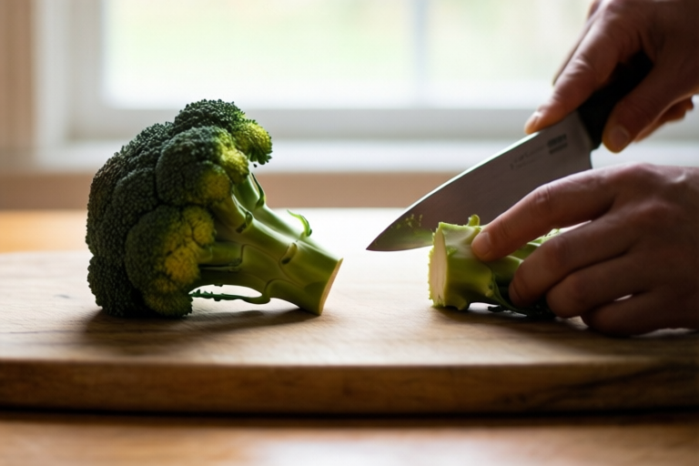 Step 5: Trim the stalk into usable pieces visual for How to Break Down Broccoli Into Even Florets