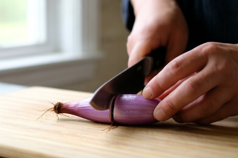 Step 2: Halve the shallot through the root visual for How to Halve and Slice Shallots Without Crushing Them