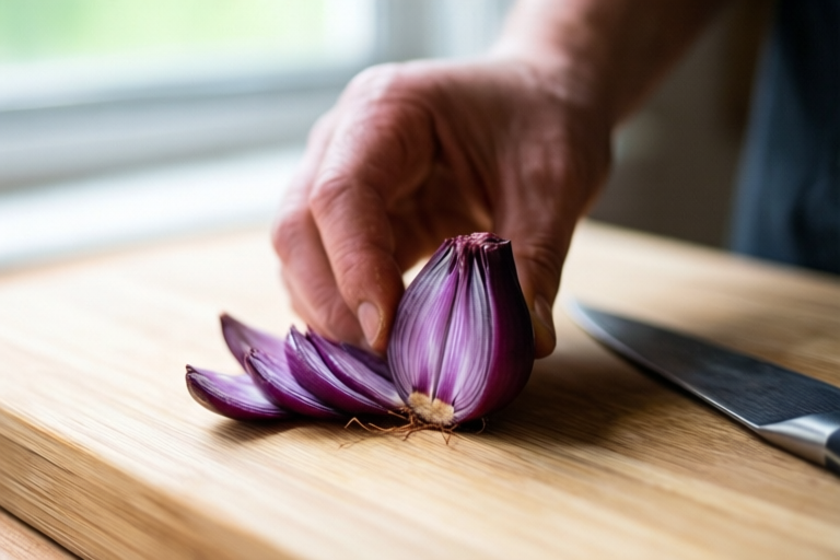 Step 6: Remove the root and check the pieces visual for How to Halve and Slice Shallots Without Crushing Them
