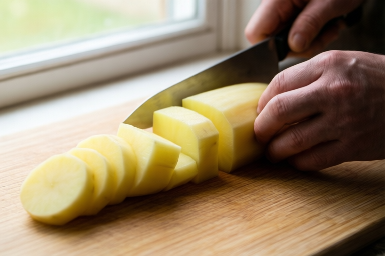 Step 2: Cut thick slabs visual for How to Cut Potatoes Into Even Cubes for Roasting