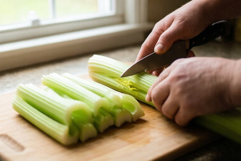Step 1: Rinse, dry, and trim the celery visual for How to Dice Celery Evenly for Stocks and Stuffing