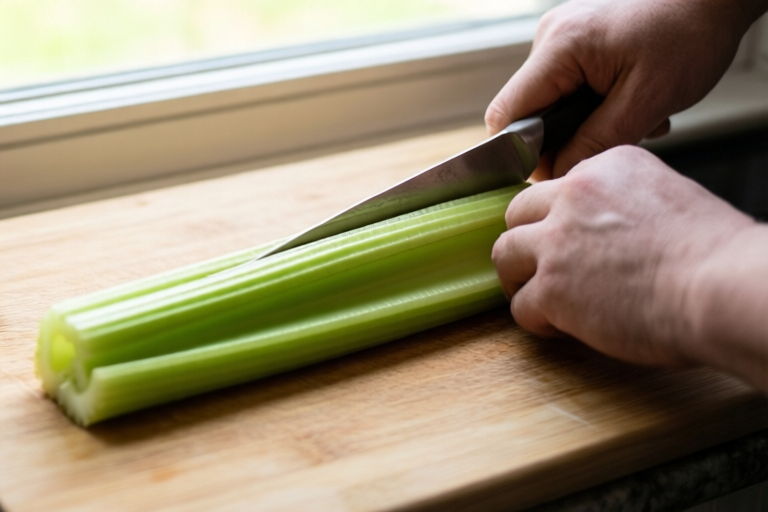 Step 3: Slice the stalks into long planks visual for How to Dice Celery Evenly for Stocks and Stuffing