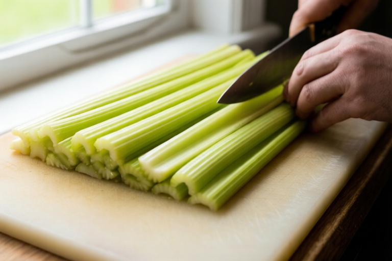 Step 4: Cut the planks into sticks visual for How to Dice Celery Evenly for Stocks and Stuffing