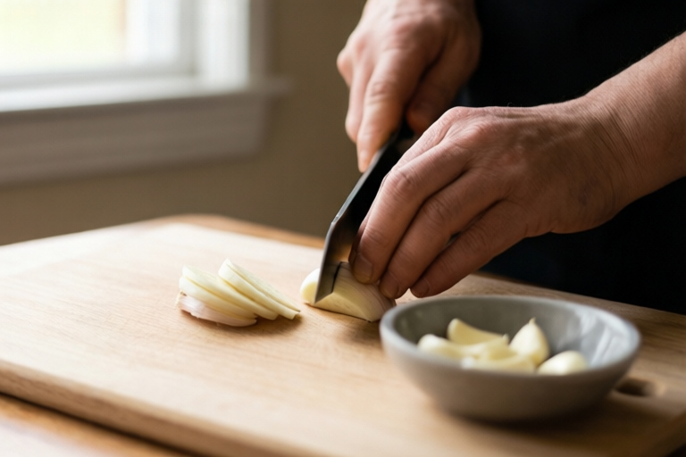 Step 2: Slice the clove lengthwise visual for How to Mince Garlic Without Turning It Into Paste