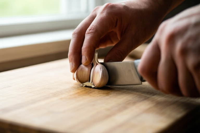 Step 3: Create a stable side visual for How to Slice Garlic Thinly Without Burning It