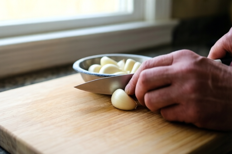 Step 4: Set your guide hand visual for How to Slice Garlic Thinly Without Burning It